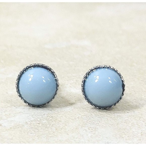 Silver Round Stud Earrings Blue Stone Vintage Jewelry Jewel Trinket Gift for Her - Picture 3 of 11